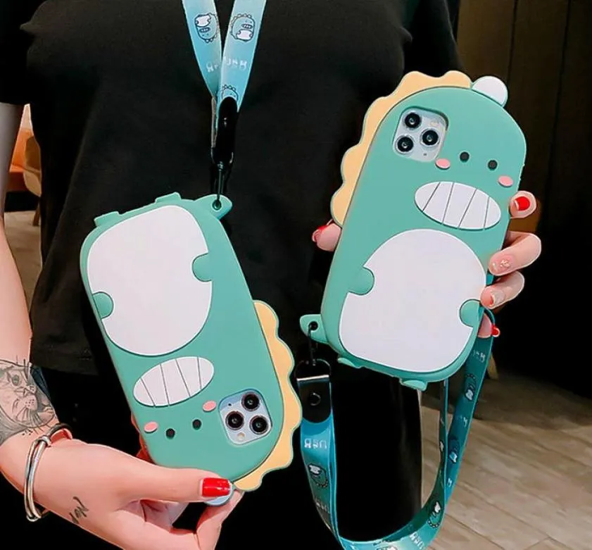 Cute Cartoon Dinosaur Lanyard Phone Case For iphone 11Pro MAX Case Silikone For SE X XS Max 6s 7 8Plus Strap AntiDrop Soft Couple9397288