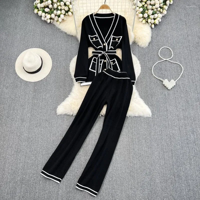 Women's Two Piece Pants 2024 Panelled Knitted Sets Fashion Long Sleeve V Neck Tie Knitwear Wide Leg Pant Women OL Sweater Pieces Suits