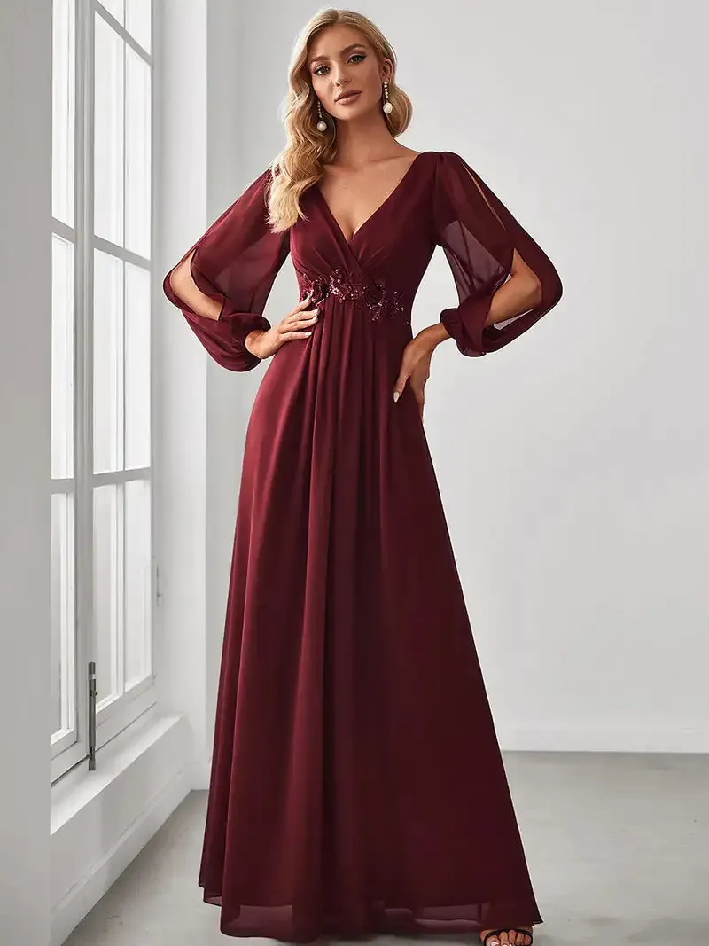 Eleganckie sukienki wieczorowe długie rękawy z latarni V-dół, zawsze ładna z szyfonu z burgundowym paskiem kwiatowym bester