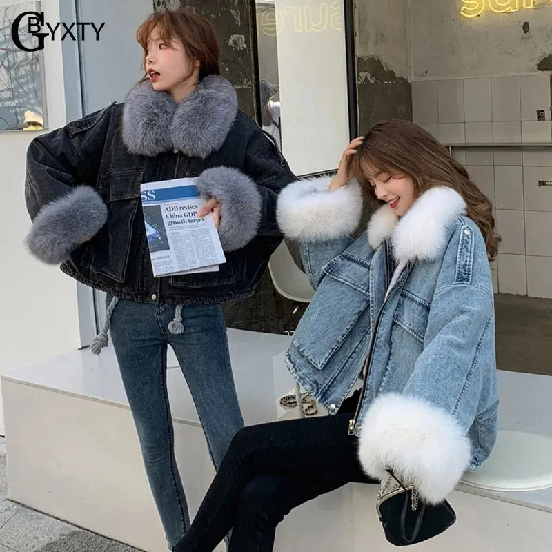 Gbyxty Parka Mujem Denim Płaszcz Zima Kobiety Grubość aksamitna kurtka z futrzaną wkładką Odłączane dżinsy Korea Za2183 240122