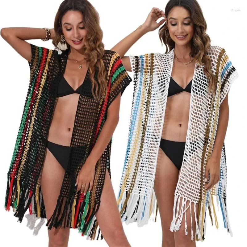 Dames Zwemkleding Kleurblok Open Vest Zwierig Badpak Cover Up Kwasten Strandgehaakte jurk Badpak voor dames G99D