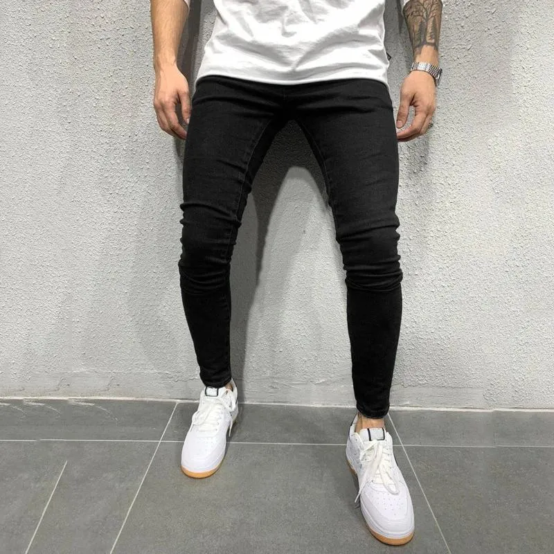 Herrbyxor mager casual byxor jeans sport fitness jogger tröjor solid färg lös mångsidig denim med fickor