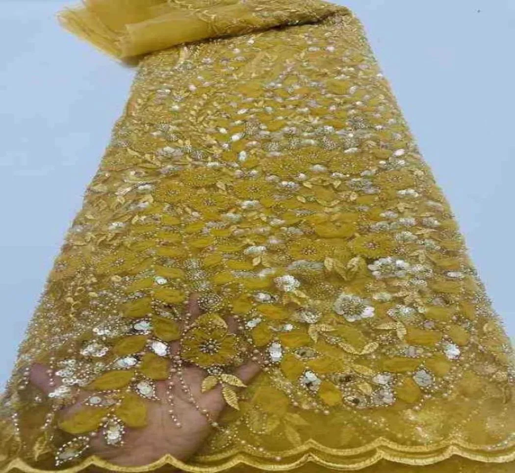 Tkaninowy złoto 3D ręcznie robione tiulowe koronkowe cekiny z koralikami Tkaniny Szyfonowe plastry kwiaty Bridaevent Suknie do szycia szmatki 8367363