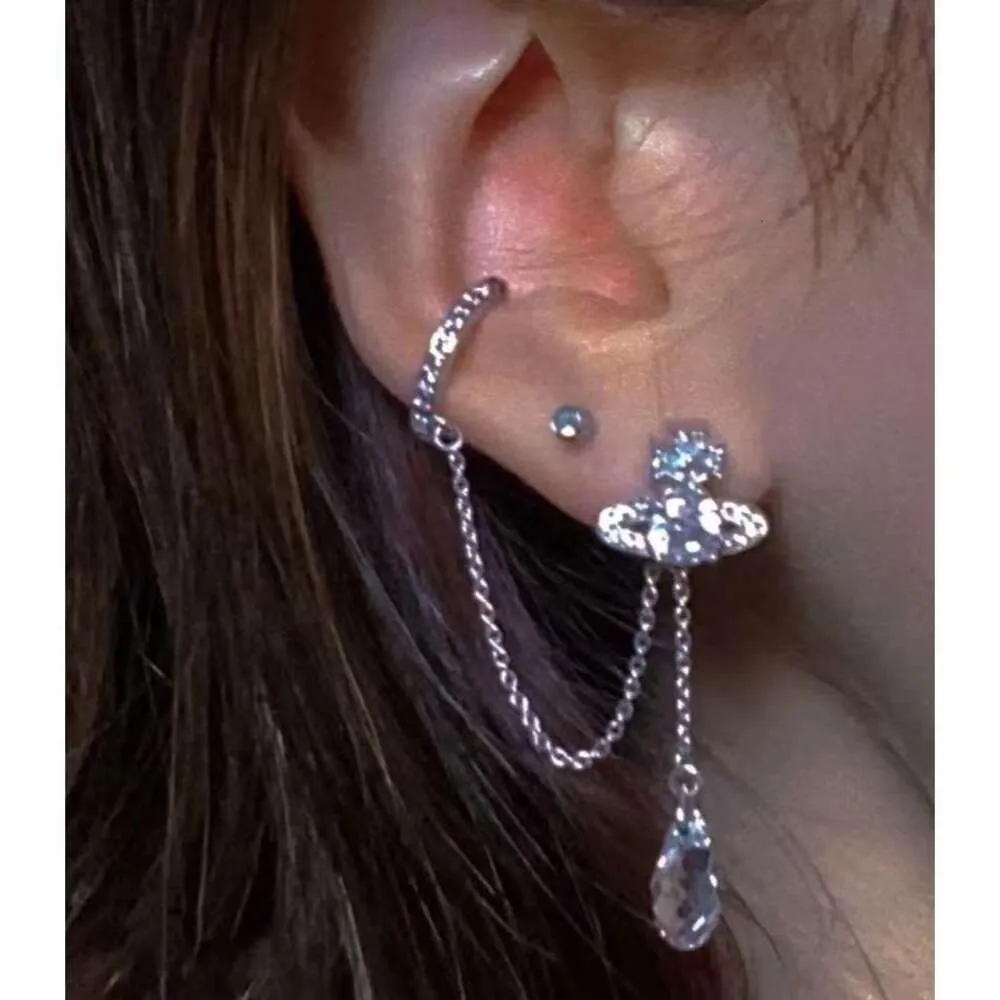 Viviennely Westwoodly Full Diamond Drops Earbone Clip Piece långa örhängen Zirkonkristall Shining örhängen kvinnors singel