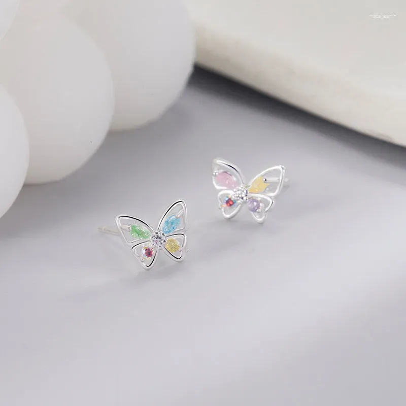 Pendientes de tuerca de Plata de Ley 925 con diamantes de colores y mariposa para mujer, aretes de lujo con forma de corazón para niña dulce, regalos de joyería