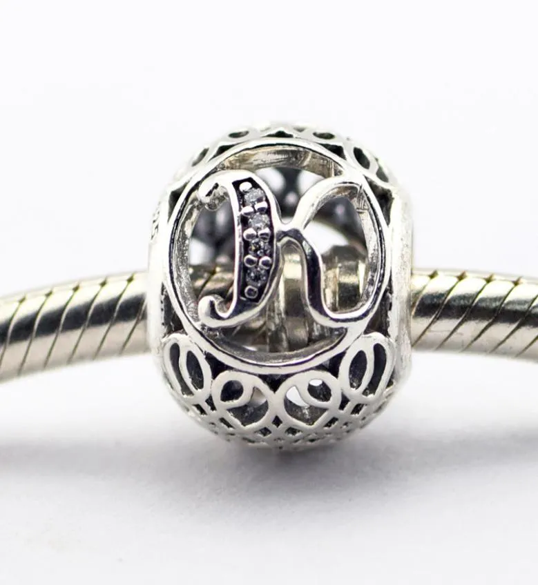 Vintage Letter K Clear CZ Silver Beads Fits Bracelets Authentic Sterling-Silver Bead DIY Charm Wholesale Charms LE015-K6999617