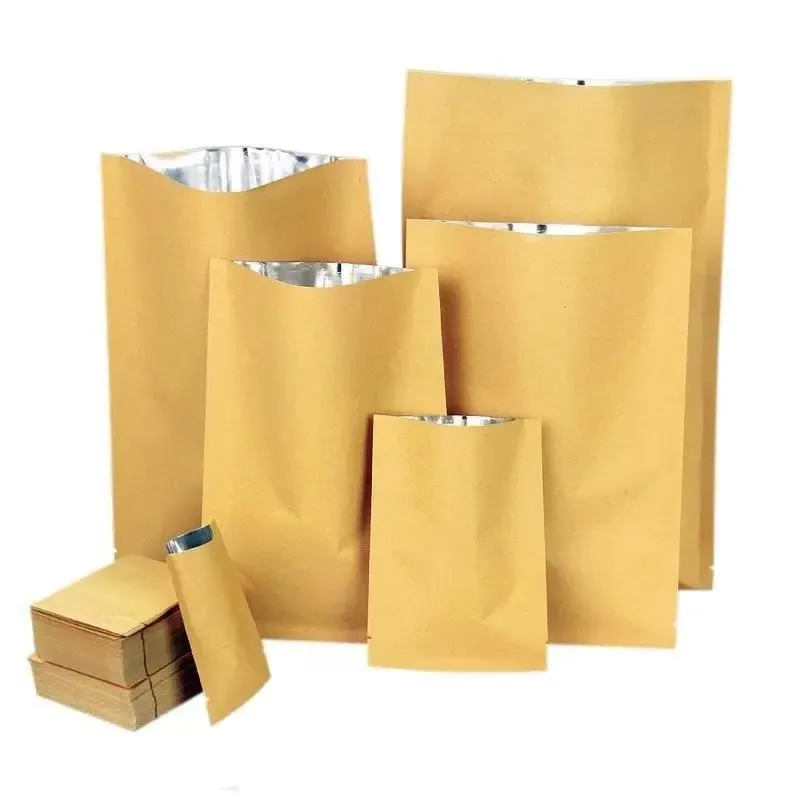 100pcs 오픈 탑 진공 가방 크래프트 갈색 종이 패키지 가방 열 씰 밸브 포장 가방 음식 저장 포장 파우치 qdoxg