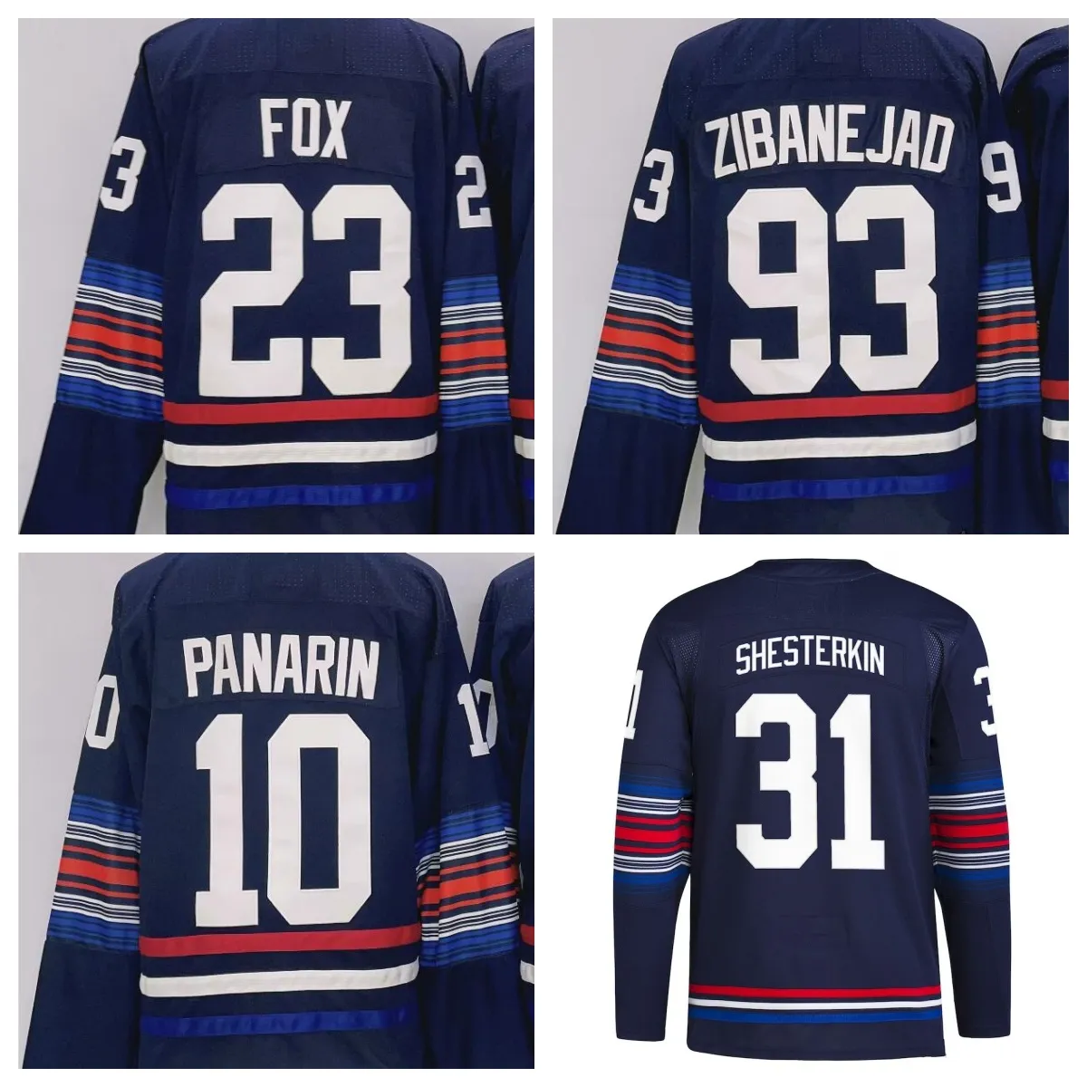 Koszulki hokejowe Panarin 10 Rempe 73 Igor Shesterkin 31 Mika ZibaneJad 93 Adam Fox 23 Truba 8 Navy Alternate S-xxxl Sched Men Jersey