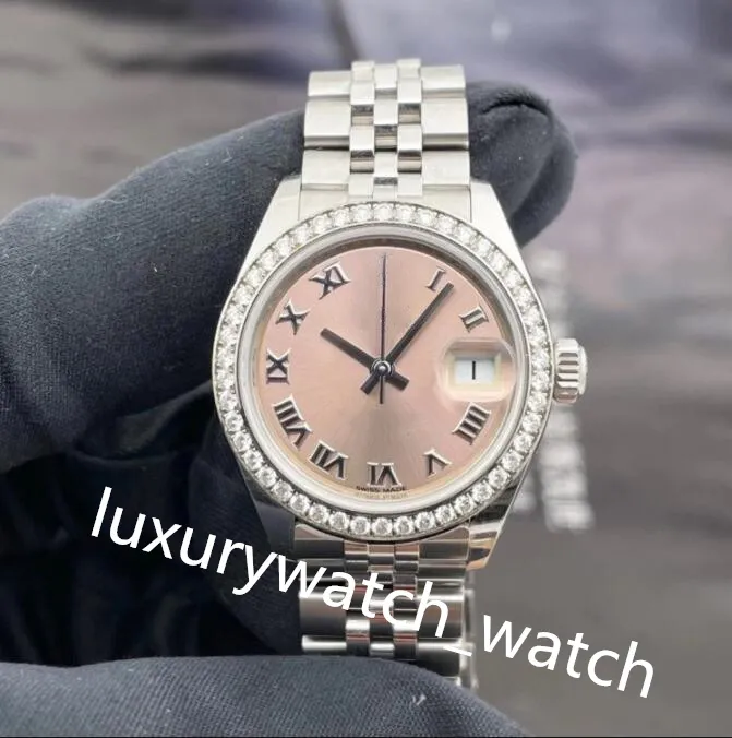 Klassieke diamanten dameshorloges met roze Romeinse wijzerplaat 279384 28 mm saffierspiegel kalender mechanische zilveren jubileum stalen armband met doos