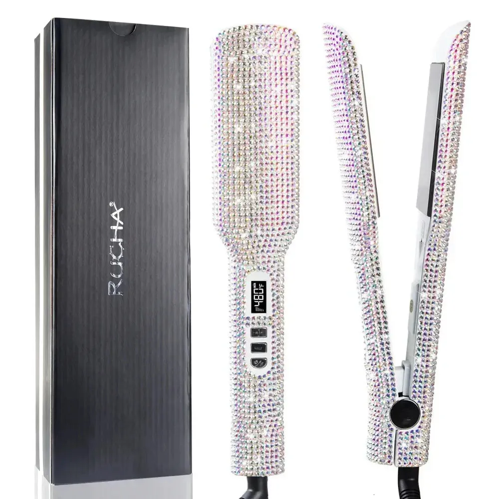 Rhinestone Flat Iron Hair Straightener Dual Voltage Professional Tools LCD Display 2 Inch Plate Irons 240104