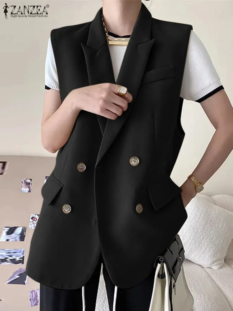 ザンゼアの女性のノースリーブカジュアルブレザーファッションベスト韓国スタイル2023エレガントラペルスーツコートコート