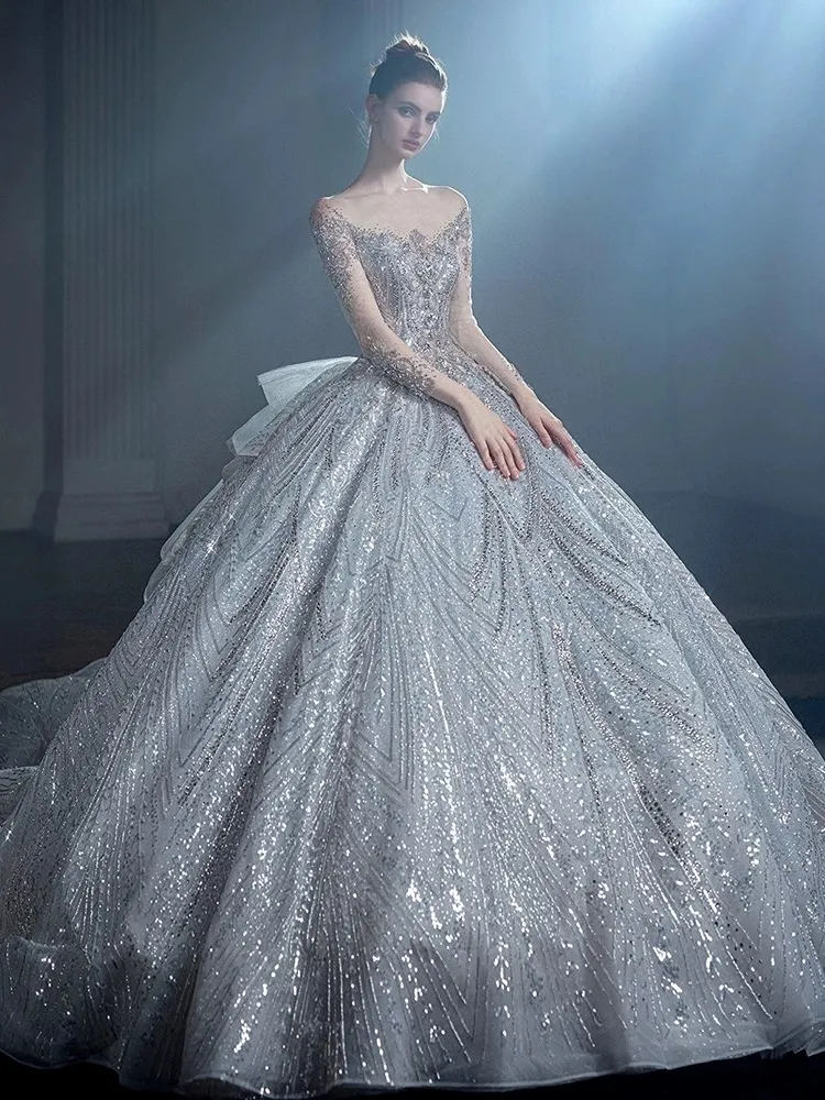 Luksusowe sukienki z piłką o rozmiarach plus 2024 Bling błyszczące aplikacje kryształy v-drewniane suknie ślubne sukien ślubna szata za vintage deariage 403