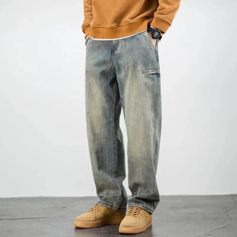 American Casual Denim Pants Solid Color Retro Wide Leg Straight Mid midjefickor Bottom Löst Jeans Mänkläder 240104
