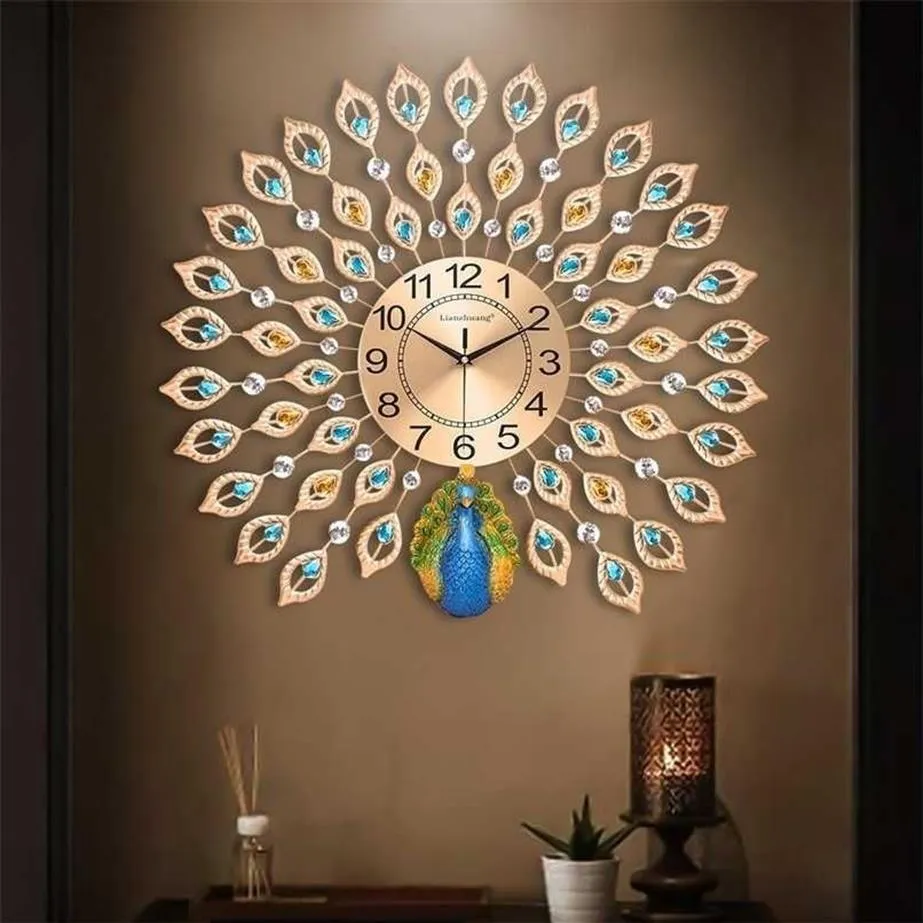 3D grande horloge murale décoration de la maison support Design moderne monté muet motif de paon suspendus montre artisanat 211023279V
