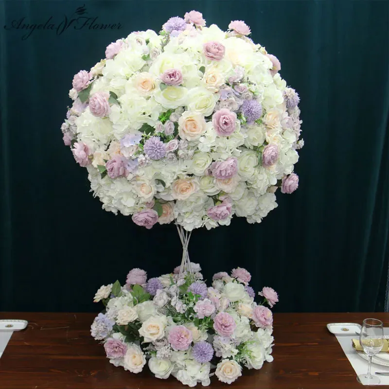 Luxe personnalisé énorme 70CM3/4 boule de fleur artificielle blanche table de mariage pièce maîtresse florale violet guirlande fête événement mise en scène 240105