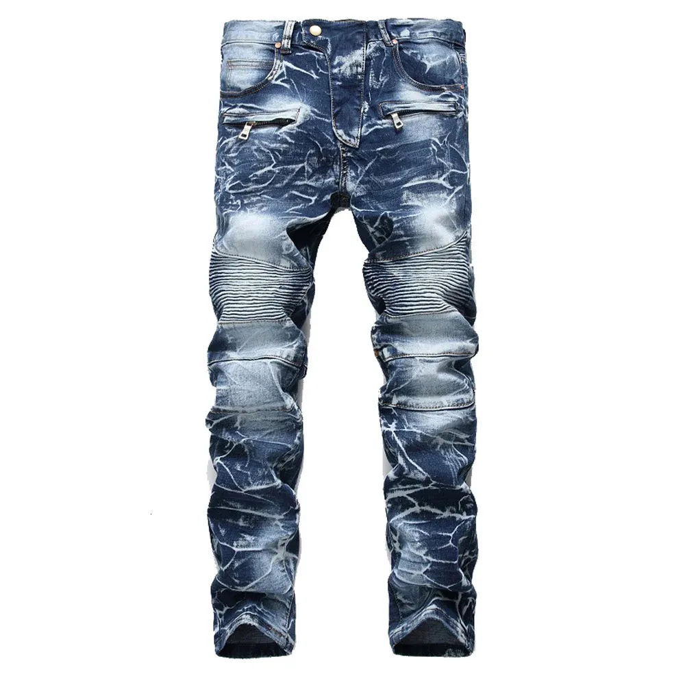 Merk Heren Sneeuw Designer Mode Slanke Skinny Moto Biker Casual Jeans Rechte Motorfiets Mannen Vernietigd Denim Broek 240104