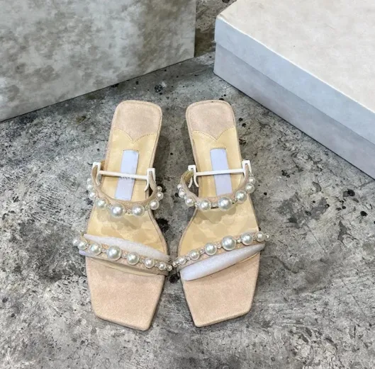 Luxuriöse Sandalen Damen Gürtel Perlen Hausschuhe Chunky Heels Mule Square Toe Sommer Heels Party Hochzeit Slidesh