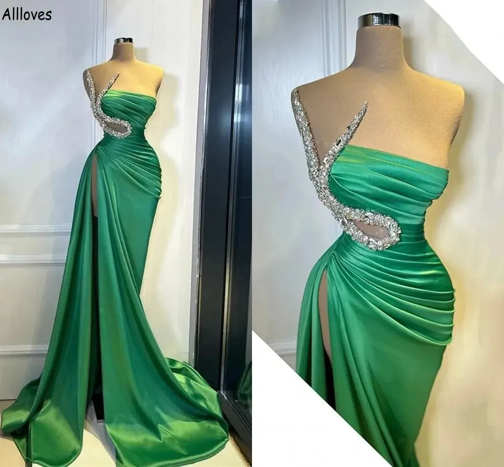 Dresses Elegant Emerald Green Satin Mermaid Evening Dresses Arabic Aso Ebi Sparkly Rhinestones One Shoulder Formal Party Gowns Thigh Split