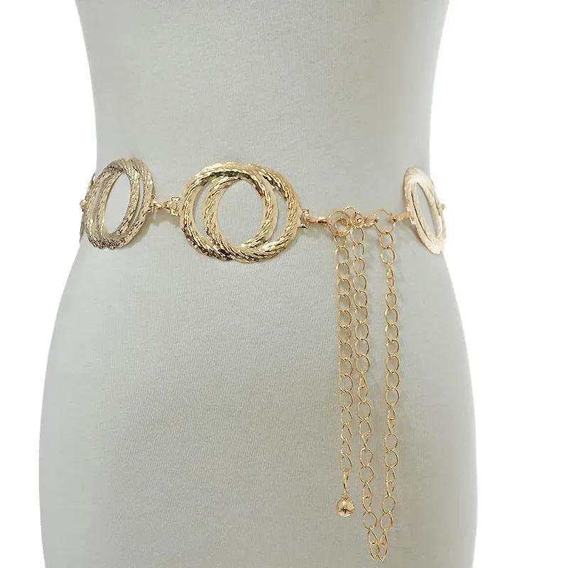Benzersiz çift halka altın zincir kemer kadın moda yuvarlak metal gümüş kemerler dişi kot elbise bel bandı 240104