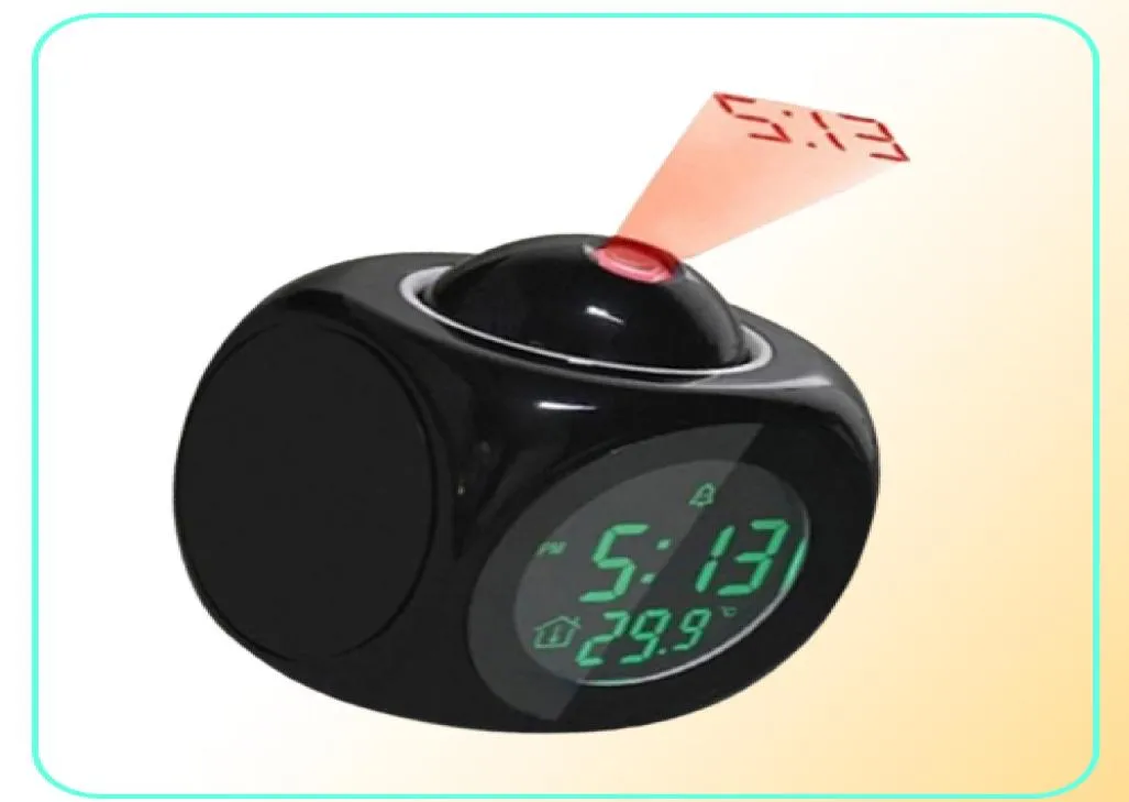 Uppmärksamhet Projektion Digital väder LED Snooze Alarm Clock Projector Color Display Backlight Bell Timer7956073