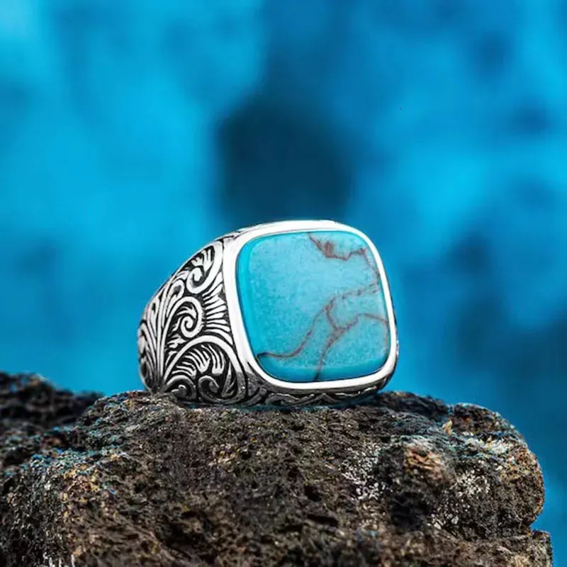 Wedding Rings Fashionable and Fashionable Square Turquoise Mens Ring Vintage Stainless Steel Sealing Ring Punk Hip Hop Mens Finger Jewelry 240104