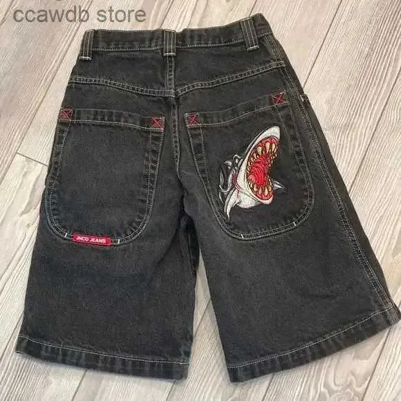 Men's Shorts 2023 nouveau Harajuku Hip Hop Denim Shorts JNCO broderie ample noir rétro jean Shorts hommes été pantalons de survêtement Streetwear T240105