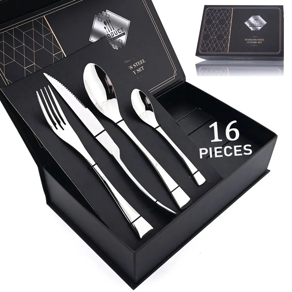 16 Pz/set Argento Set di Posate in Acciaio Inox 304 da Tavola Forchetta Coltello da Bistecca Cucchiaio Posate da Cucina Set di Posate Confezione Regalo 240105