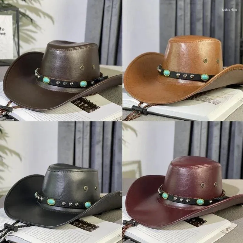 Berets PU Couro Cowboy Chapéu Mulher Homens Tibetano Festa de Natal Americano Adulto Banquete