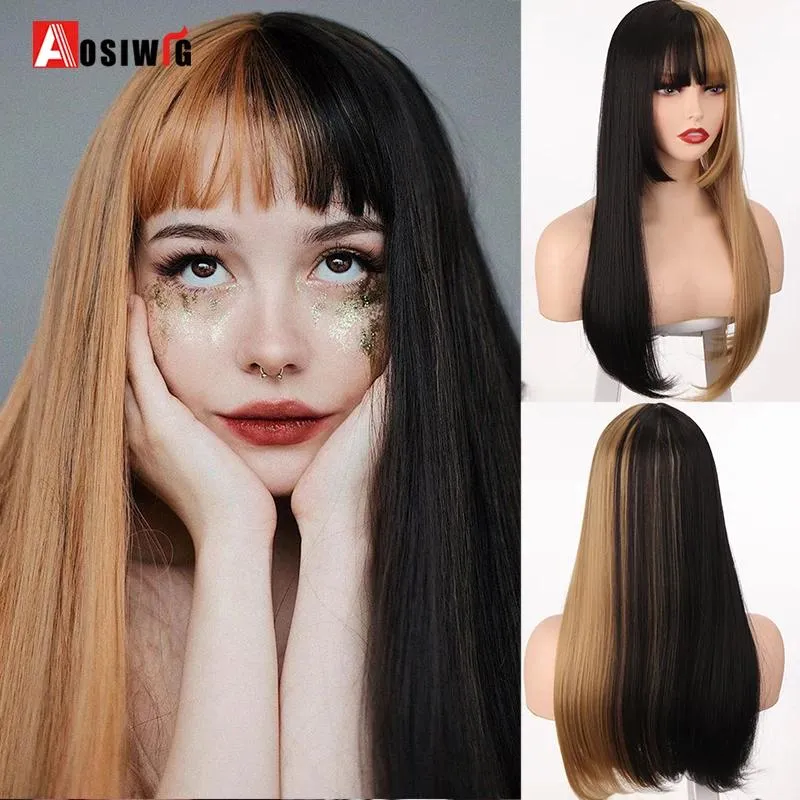 Perücken AOSI Lolita Cosplay Lange Perücke Halb Rosa Blonde Schwarz Glattes Haar Tägliche Synthetische Perücken Mit Pony Für Frauen Afroamerikaner