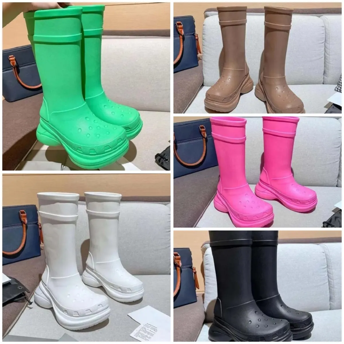 Bottes longues de styliste pour femmes, bottes de luxe classiques à tête ronde, bottes de luxe en caoutchouc, chaussures de pluie à tambour haut, bottes à semelle épaisse