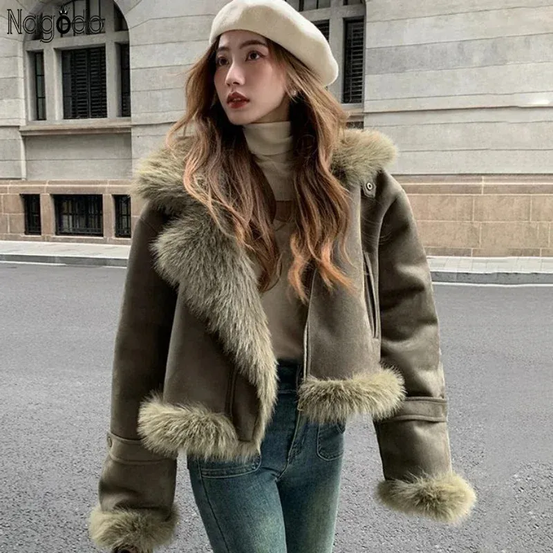 Winter Coat Women Faux Deerskin Leather Fur Jacket Fashion Streetwear Lapel Short Motorcycle Biker Coats Outwear Mujer Tops 240104