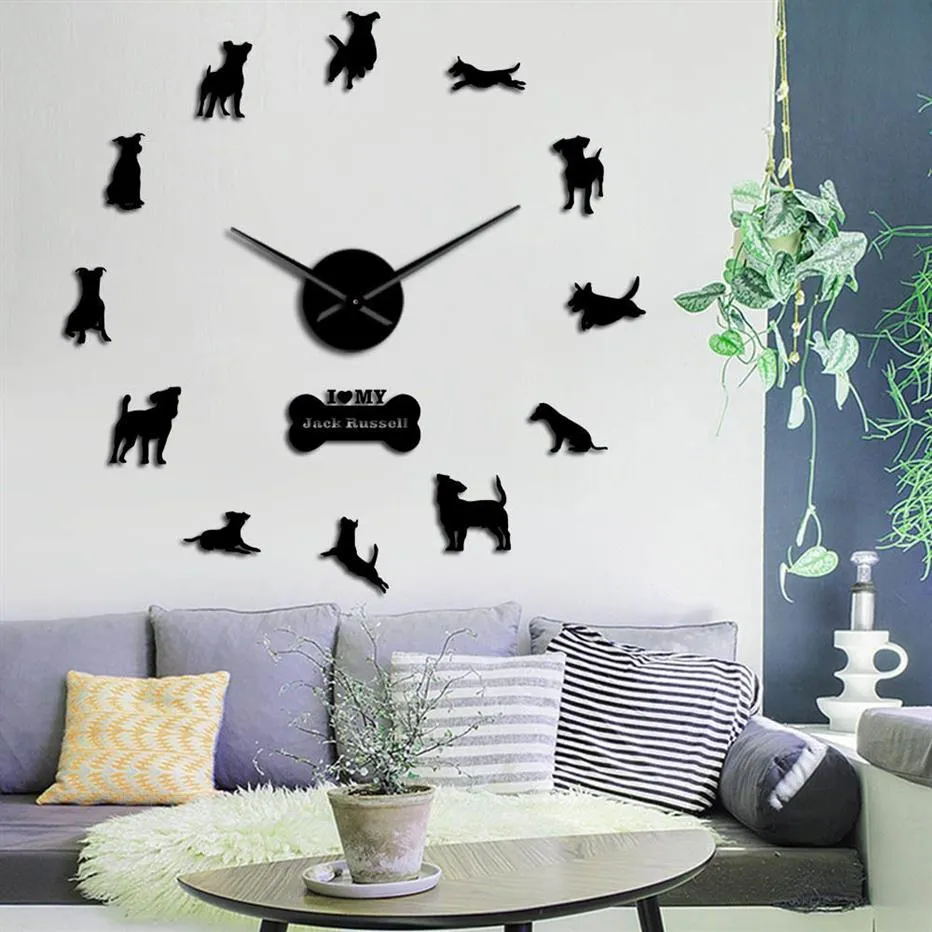 Jack Russell Terrier Hondenras 3D Acryl Eenvoudige DIY Wandklokken Dieren Dierenwinkel Muur Art Decor Rustige Sweep Unieke Klok Horloge 2250M