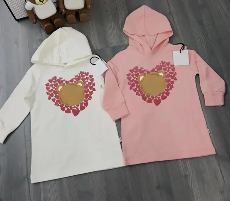 Enfants filles dessin animé amour coeur imprimé mignon robe à capuche Sweatershirt à manches longues chemises droites 240104