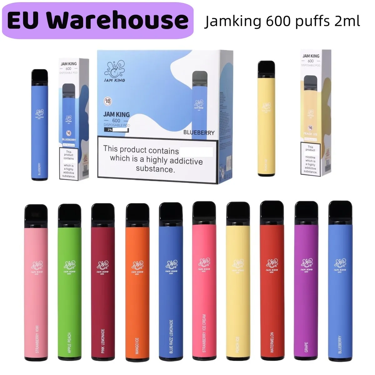 Jam King EU Stock Vapes Puff Bar 600 2 ml E-liquid 10 smaken Wegwerpsigaretten China Groothandel Vape Stick 550 mAh Batterij 20 mg Nic Mesh Coil