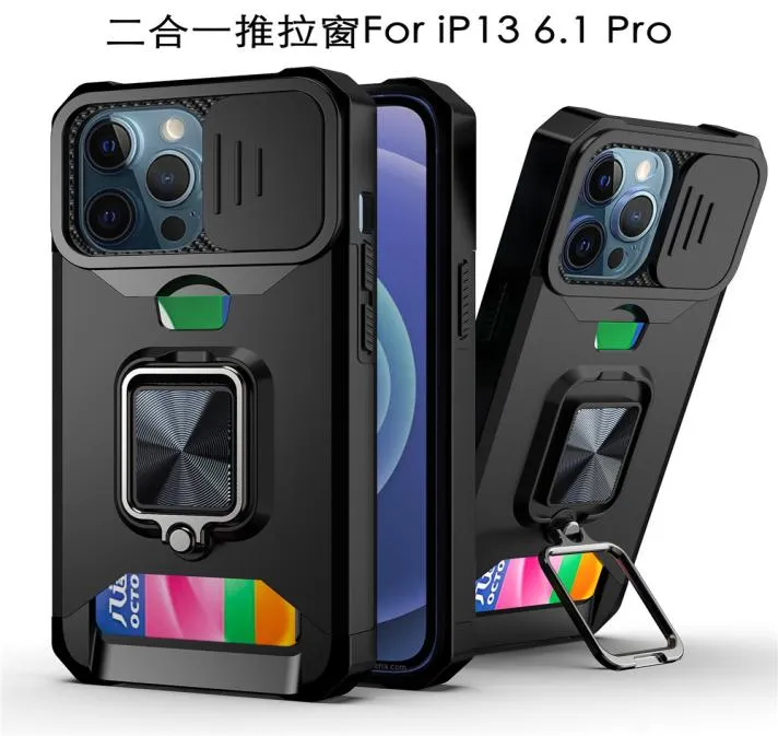 Pour iPhone 13 Pro Max Case Slide Camera Protection Card Slot Case pour iPhone 12 mini 11 Pro XR 7 8 Antichoc Ring Stand Cover1235189