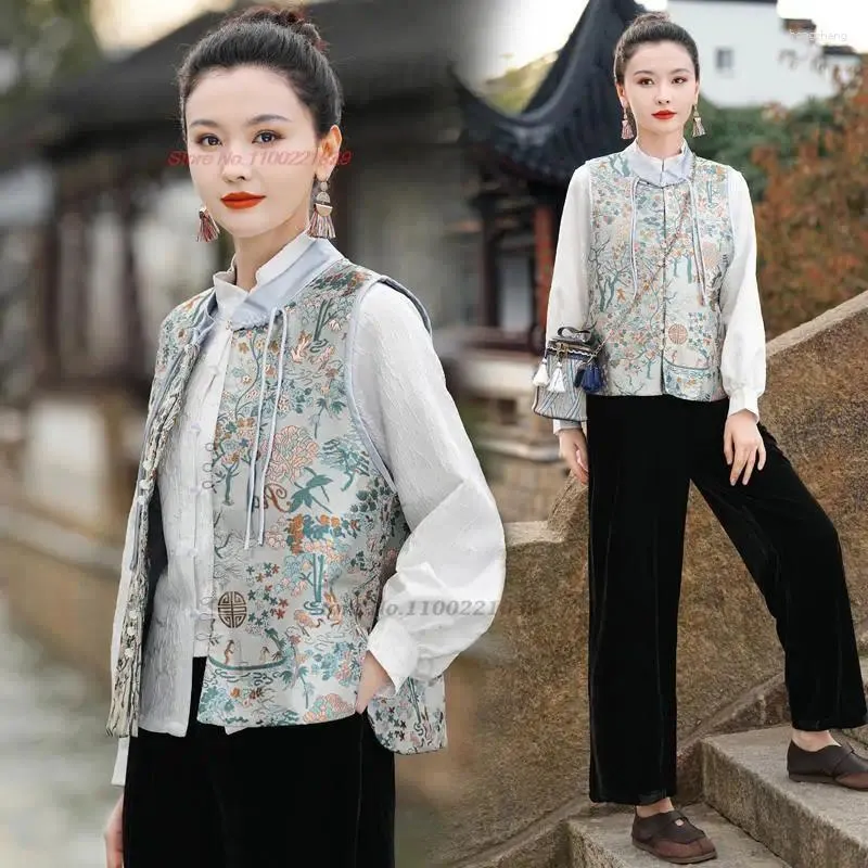 Ethnic Clothing 2024 Chinese Vintage Vest National Flower Jacquard Traditional Harajuku Waistcoat Stand Collar Casual Tang Suit