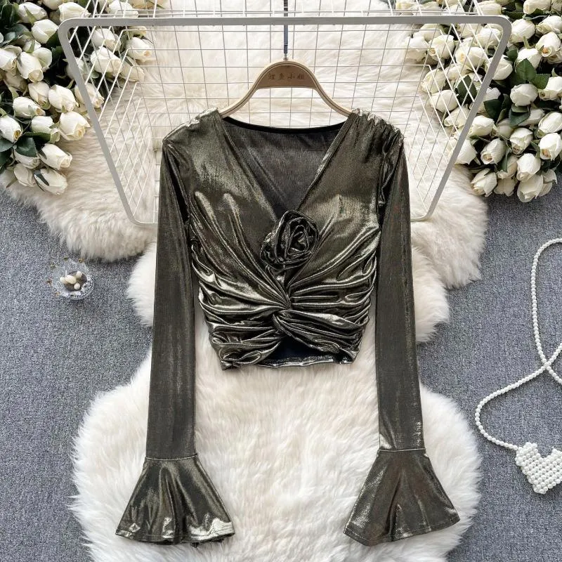 Frauen Blusen Vintage Lange Flare Hülse V-ausschnitt Bluse Süße Bling Hemd Frau Crop Top Luxus Koreanische Mode Blusas drop