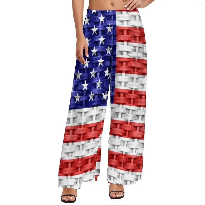 Women's Pants American USA Flag Straight Stars Print Office Wide Woman Big Size Streetwear Graphic Trousers