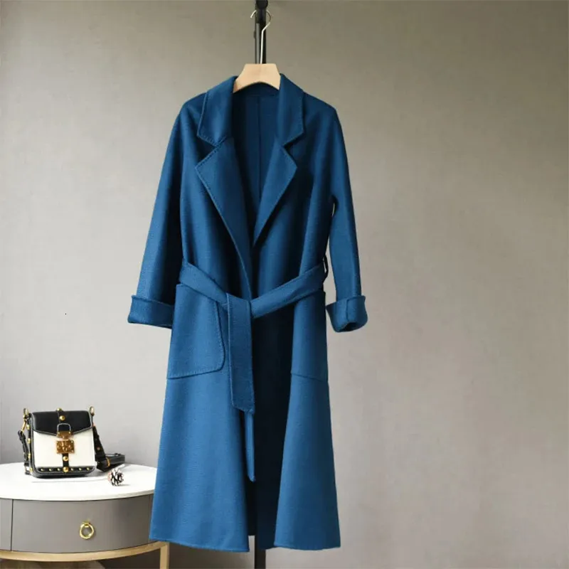 Manteau en laine double face pour femme, veste ample, décontractée, de haute qualité, ondulée à l'eau, longue, à la mode, avec ceinture à revers, en cachemire, 240105