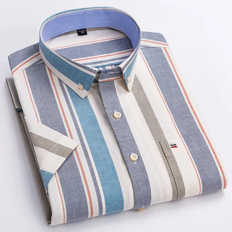 Camisas a rayas de manga corta de talla grande para hombres grandes Verano de algodón puro Oxford Cuidado fácil Ropa informal de negocios para hombre a cuadros 240105