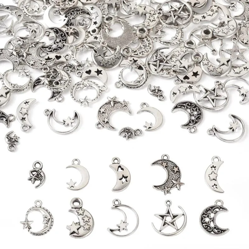 Hänge halsband pandahall 1 box måne med stjärna tibetansk stil legering antik silverfärg metall charm för halsband örhänge smycken