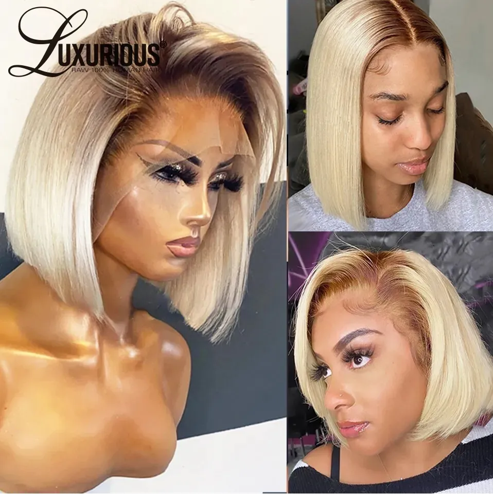 ANGIE | SHORT BLONDE BLEND OMBRÉ LACE FRONT WIG Natural-looking Short Blonde Ombre Bob Wig on Luulla main image 4