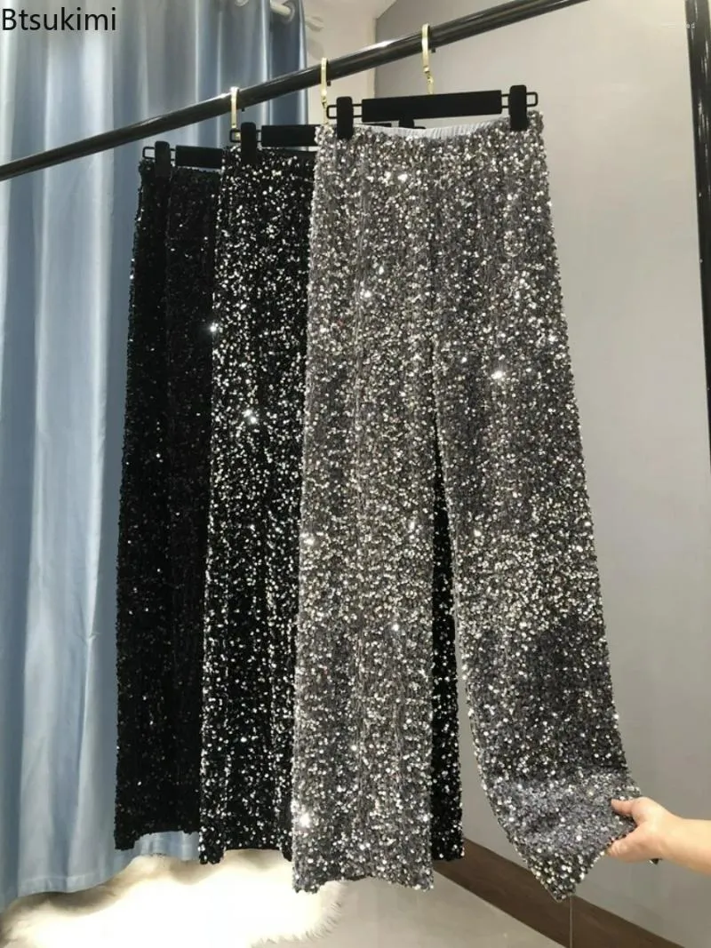 Women's Pants 2024 Thickening Warm Silver Black Sequin Autumn Winter Glitter Sparkly Trousers Party Clubwear Female
