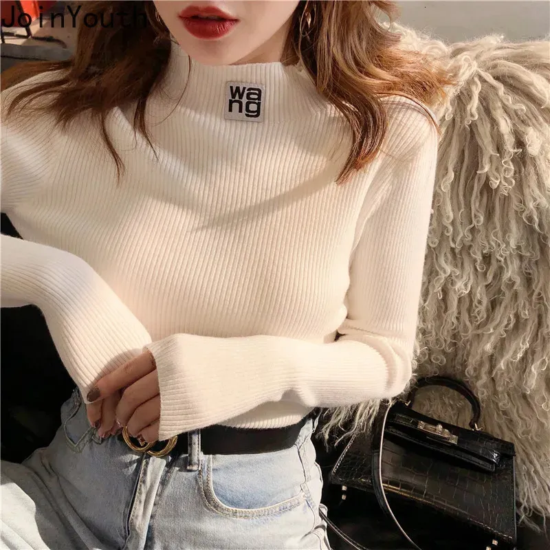 Joinyouth Half Turtleneck Pullovers Solid Applicies Autumn Winter All Match Women Sweaters Slim Pull Femme Fashion J261 240105