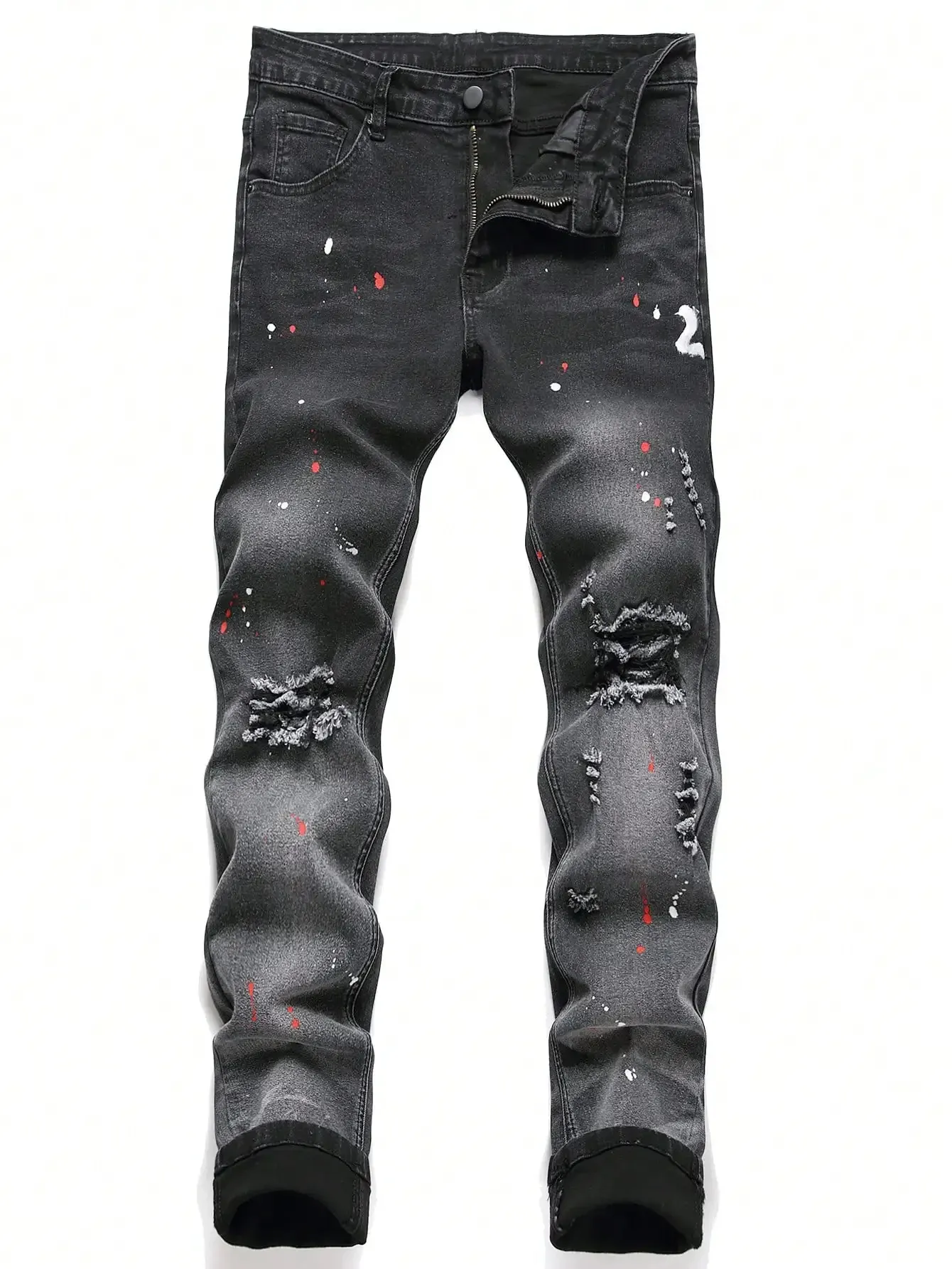 Men Black Skinny Denim Spot Jeans Male Ripped Stretch Fit Slim Trousers Long Pants Streetwear Casual 240104