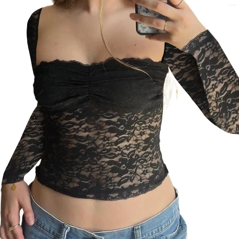 Mulheres Camisetas Mulheres Crop T-shirt Manga Longa Pescoço Quadrado See-through Lace Tops Slim Sheer Clubwear