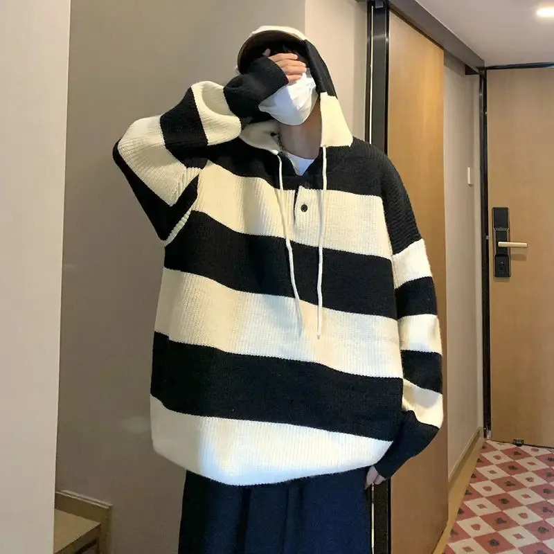 Vinterkoreansk stickad varm randig män tröja mode y2k gata personlig hiphop par enkla hajuku retro hoodie 240105
