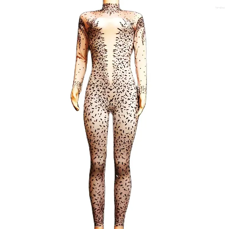 Stage Wear Nude Mesh Shining Rhinestones Crystal Long Sleeves Sexy Jumpsuits For Women Nightclub DJ Cloth Singer Costumes Prom