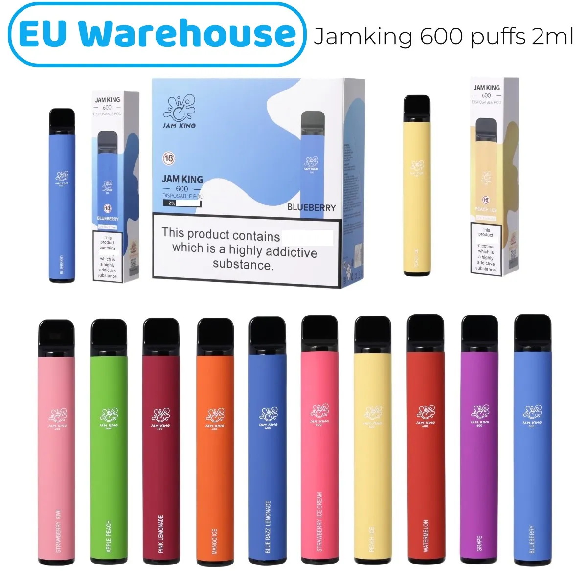 Jam King EU Stock Electronic Cigar Vape Puff 600 2ML E-JUICE 10 Flavors Disponible Cigarett China Wholesale Vape Stick 550mAh Batteri 20 mg Nic Mesh Coil