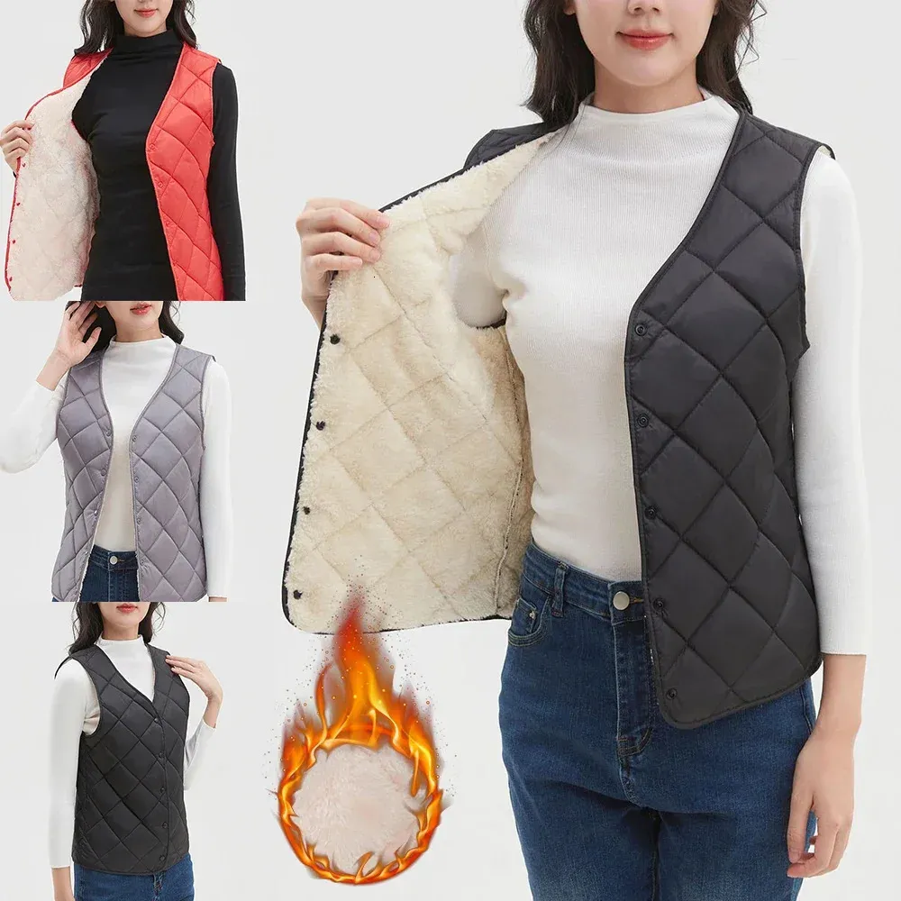 Autumn Winter Women's Ultrathin Cotton Vest Sleeveless Vneck Warm Padded Fleece Quilted Diamond Pattern Coat M4XL 240105
